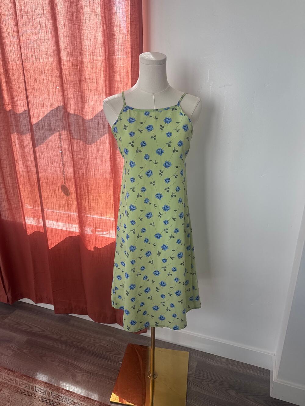 Vintage Y2K 90s Lime Green Floral Dress Babydoll Sundress 2000s Lizzie Mcguire